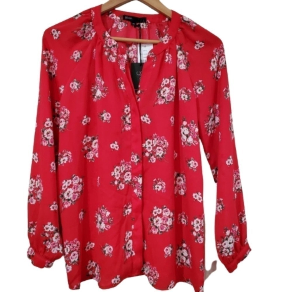 Gibson Blouse Womens XSmall Red Floral Button Down Long Sleeve Relaxed